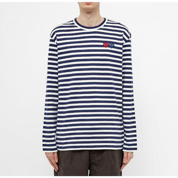 PLAY Comme de Garcons Striped Double Heart Long Sleeve Tee Large White Navy - Picture 2 of 9